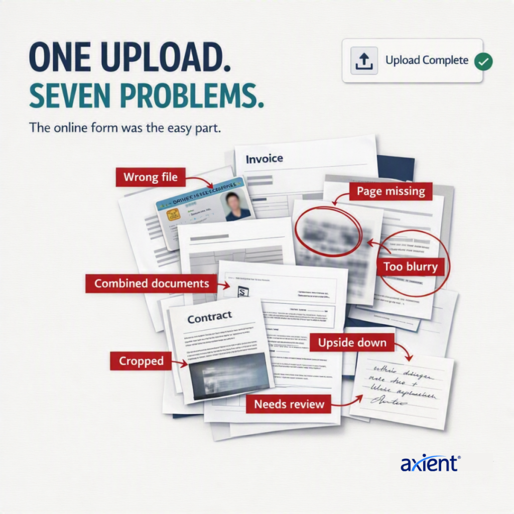 Graphic showing one online form upload creating seven document problems, including blurred, cropped, missing, upside-down and combined files that require manual review.